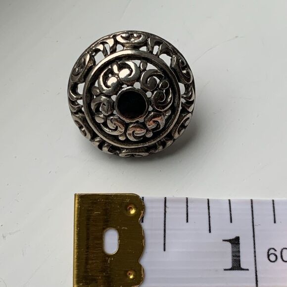 Vintage Domed Button Earrings – Silver Tone Scrollwork with Black Cabochon - Picture 6 of 7